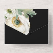 Invitation Tout En Un Aquarelle romantique Ranunculus blanc sur noir (Verso)