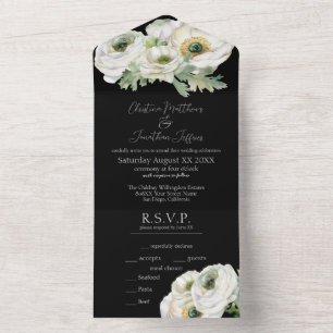 Invitation Tout En Un Aquarelle romantique Ranunculus blanc sur noir