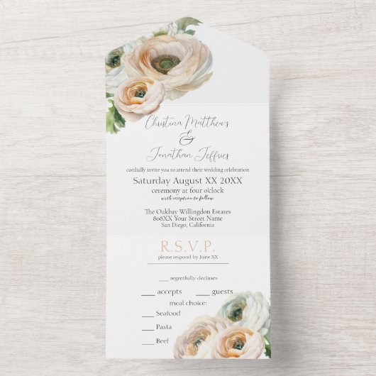 Invitation Tout En Un Aquarelle romantique Ranunculus in Peach & Ivor (À l'intérieur)