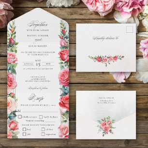 Invitation Tout En Un Aquarelle romantique Roses roses roses et calligra
