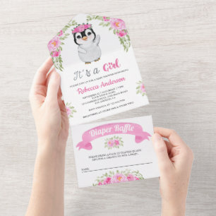 Invitation Tout En Un Aquarelle rose Baby shower de pingouin