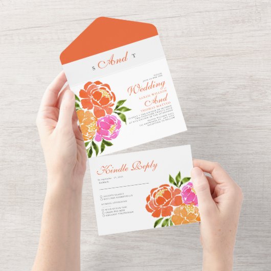 Invitation Tout En Un Aquarelle rose chaud Orange Floral Mariage Boho (Déchirure)