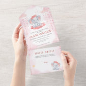 Invitation Tout En Un Aquarelle rose Eléphant Baby shower fille (Déchirure)
