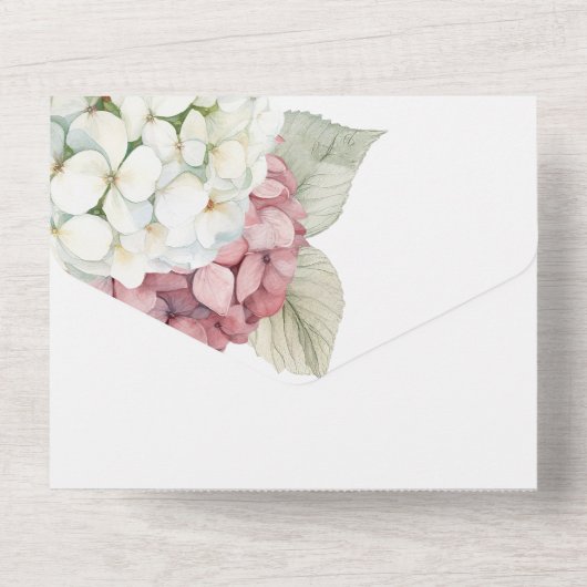Invitation Tout En Un Aquarelle rose et blanc Fleurs d'hydrangée (Verso)