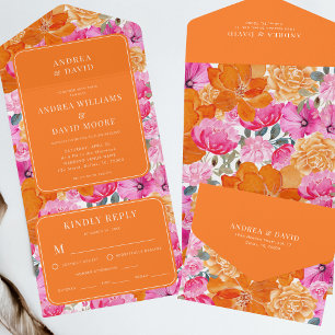 Invitation Tout En Un Aquarelle rose et orange Floral Mariage