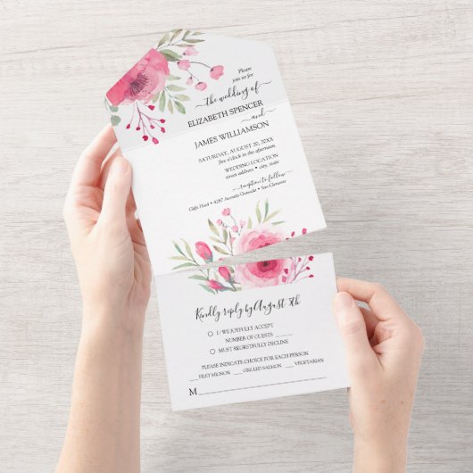 Invitation Tout En Un Aquarelle rose Fleurs Mariage (Déchirure)