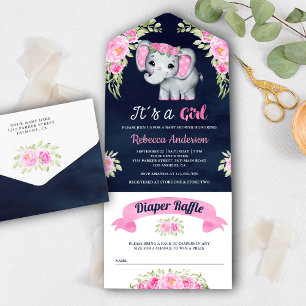 Invitation Tout En Un Aquarelle rose Floral Elephant Marine Baby shower