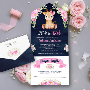 Invitation Tout En Un Aquarelle rose Floral Giraffe Marine Baby shower