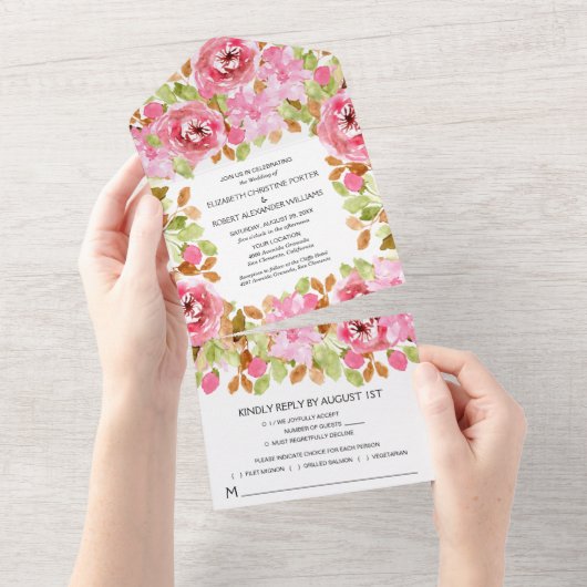 Invitation Tout En Un Aquarelle rose Mariage (Déchirure)