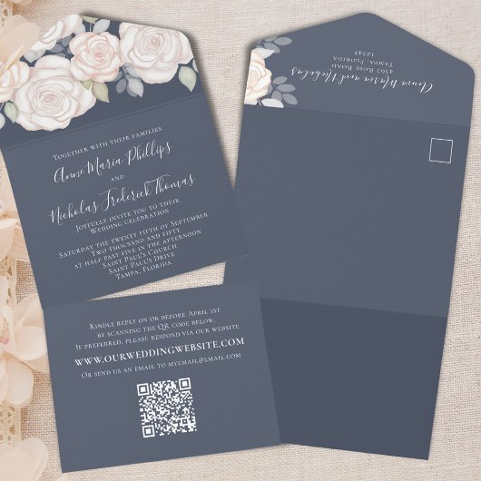 Invitation Tout En Un Aquarelle rose pâle Floral Mariage bleu