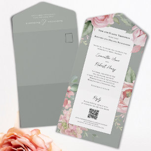 Invitation Tout En Un Aquarelle rose pâle Mariage Floral