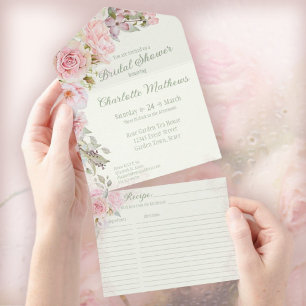 Invitation Tout En Un Aquarelle rose Rose Sage Fête des mariées verte