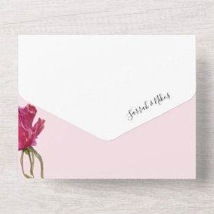 Invitation Tout En Un Aquarelle rose Roses rouges peinte à la main