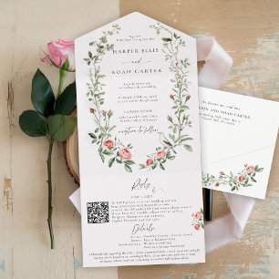 Invitation Tout En Un Aquarelle Rose Vines Oiseau Jardin Mariage élégant