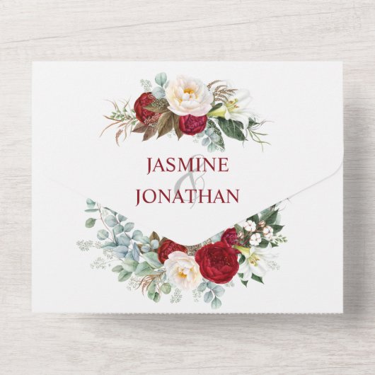 Invitation Tout En Un Aquarelle Roses rouges et blancs Bourgogne toutes (Verso)