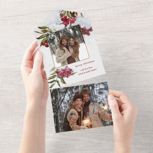 Invitation Tout En Un Aquarelle rouge Baies d'hiver en photo neige (Déchirure)