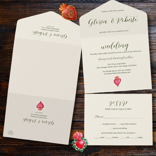 Invitation Tout En Un Aquarelle Rouge Coeur & Fleur Mariage mexicain