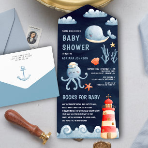 Invitation Tout En Un Aquarelle rustique Baby shower bleu marine
