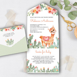 Invitation Tout En Un Aquarelle rustique Floral Cactus Llama Baby shower