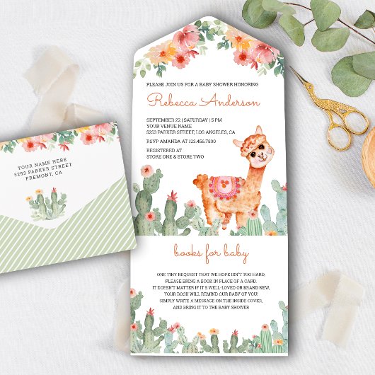 Invitation Tout En Un Aquarelle rustique Floral Cactus Llama Baby shower