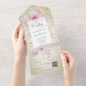 Invitation Tout En Un Aquarelle Rustique rose & Sage Code QR (Déchirure)