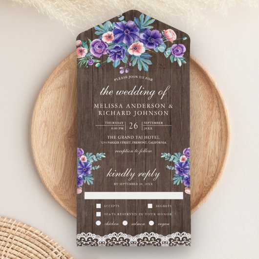 Invitation Tout En Un Aquarelle rustique violet anémones Mariage en bois