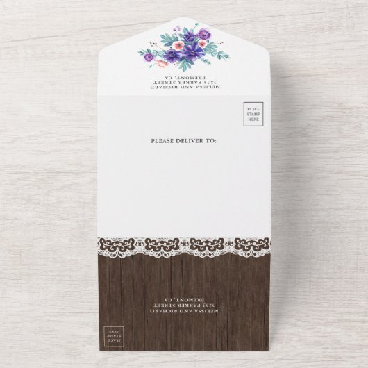 Invitation Tout En Un Aquarelle rustique violet anémones Mariage en bois (Dehors)