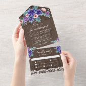 Invitation Tout En Un Aquarelle rustique violet anémones Mariage en bois (Déchirure)
