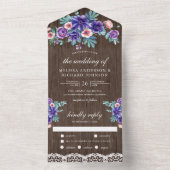 Invitation Tout En Un Aquarelle rustique violet anémones Mariage en bois (À l'intérieur)