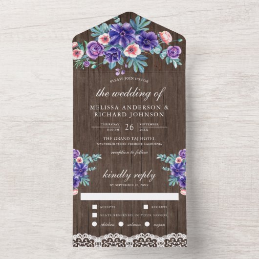 Invitation Tout En Un Aquarelle rustique violet anémones Mariage en bois (À l'intérieur)