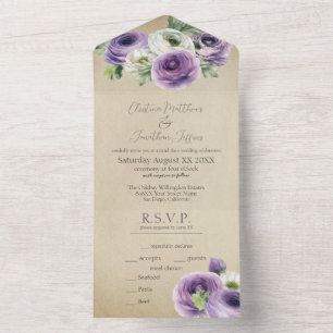 Invitation Tout En Un Aquarelle rustique violet et blanc Ranunculus