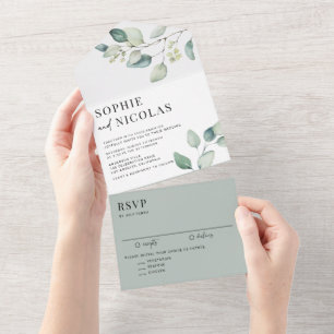 Invitation Tout En Un Aquarelle Sage vert Eucalyptus Mariage