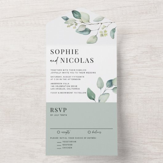 Invitation Tout En Un Aquarelle Sage vert Eucalyptus Mariage (À l'intérieur)