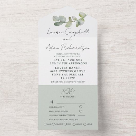 Invitation Tout En Un Aquarelle Sage vert Eucalyptus Mariage (À l'intérieur)