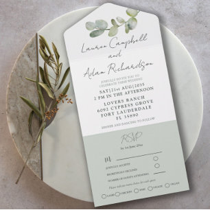 Invitation Tout En Un Aquarelle Sage vert Eucalyptus Mariage