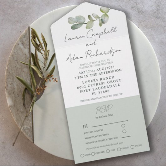 Invitation Tout En Un Aquarelle Sage vert Eucalyptus Mariage