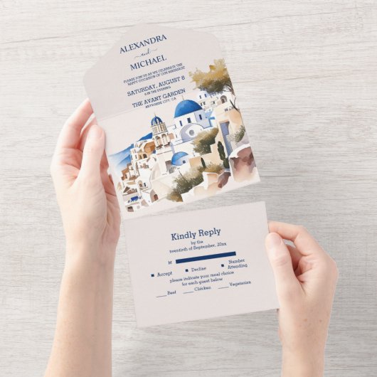 Invitation Tout En Un Aquarelle Santorin Destination Mariage (Déchirure)