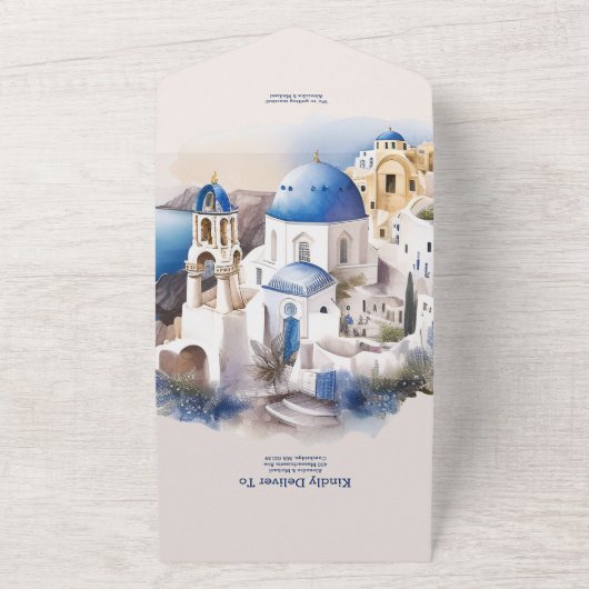 Invitation Tout En Un Aquarelle Santorin Destination Mariage (Dehors)