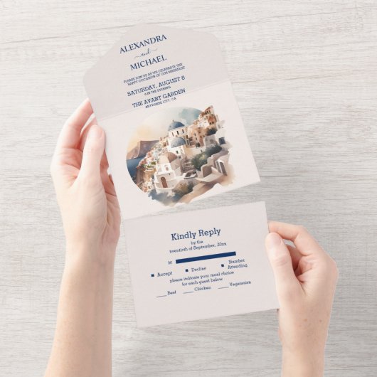 Invitation Tout En Un Aquarelle Santorin Destination Mariage Tout Le Lon (Déchirure)