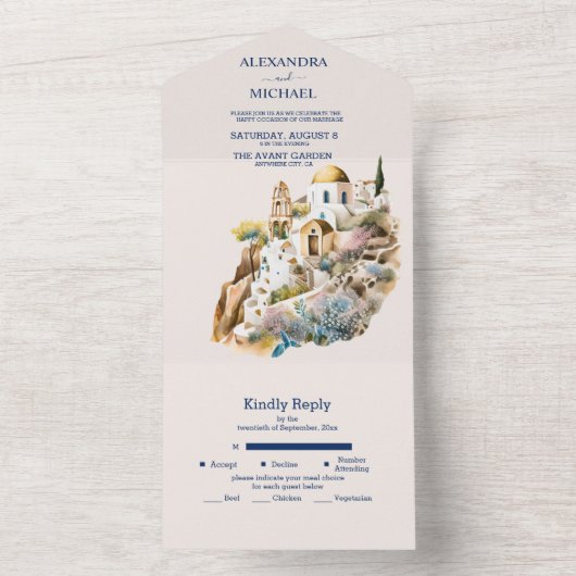 Invitation Tout En Un Aquarelle Santorin Destination Mariage Tout Le Lon (À l'intérieur)