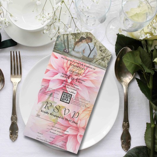 Invitation Tout En Un Aquarelle Style Dahlia rose Floral QR Code photo