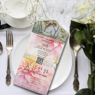 Invitation Tout En Un Aquarelle Style Dahlia rose Floral QR Code photo