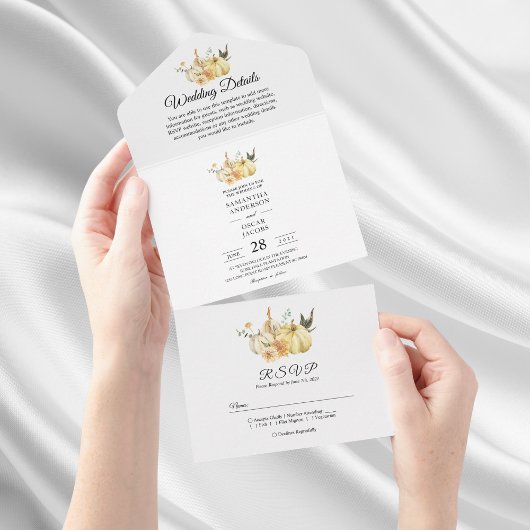 Invitation Tout En Un Aquarelle tendance d'automne Citrouille et fleurs