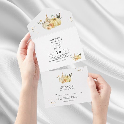 Invitation Tout En Un Aquarelle tendance d'automne Citrouille et fleurs