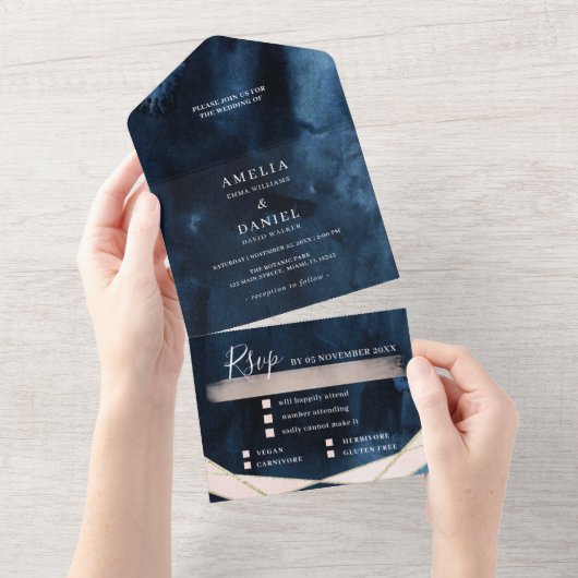 Invitation Tout En Un Aquarelle Texture Moody Marine Mariage bleu rose (Déchirure)