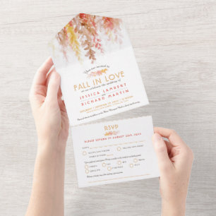 Invitation Tout En Un Aquarelle tomber amoureux brun rouge jaune repas R