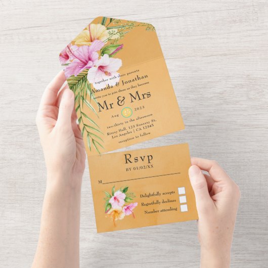 Invitation Tout En Un Aquarelle Tropical Floral Beach Mariage (Déchirure)