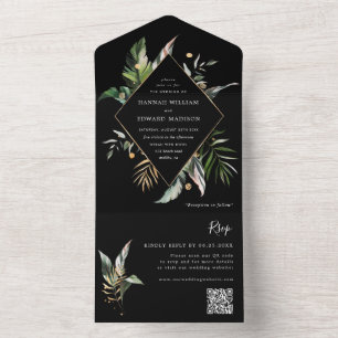 Invitation Tout En Un Aquarelle tropicale Foliage noir Mariage QR Code