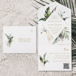 Invitation Tout En Un Aquarelle tropicale Mariage d'or de remplissage Co
