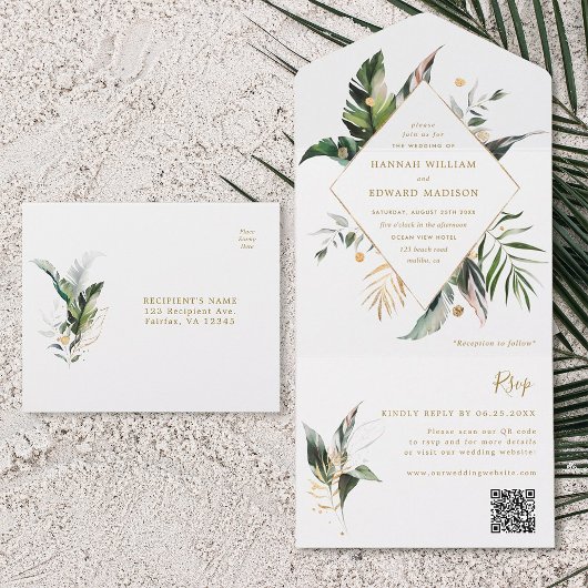 Invitation Tout En Un Aquarelle tropicale Mariage d'or de remplissage Co